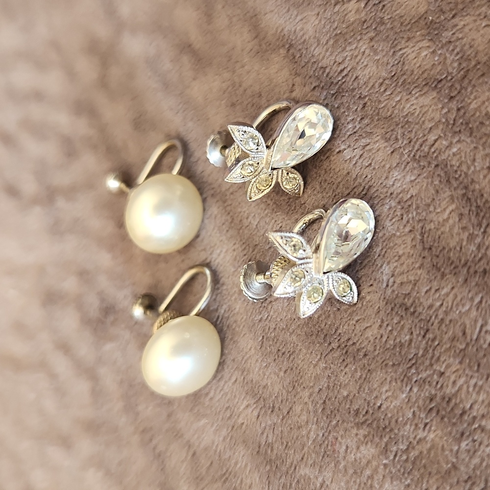 2 pairs antique sterling silver screw back earrings pearl cz